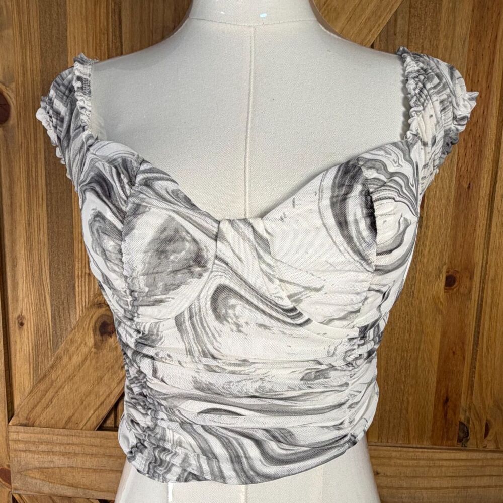 Just Polly New York Ruched Mesh Top Women Small Y2K Marble Print